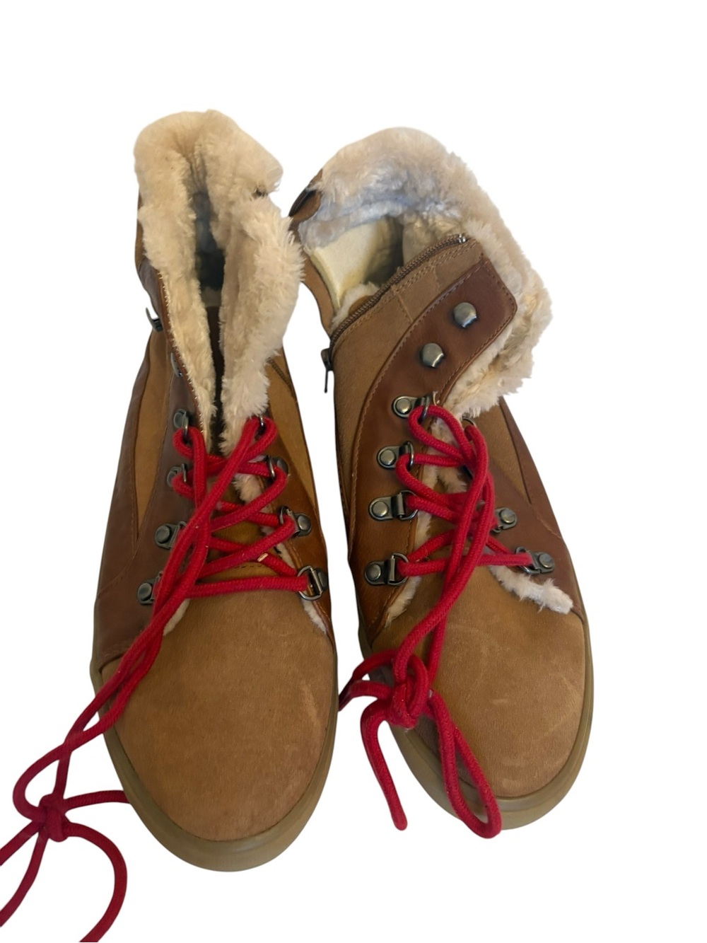 American Eagle Outfitters Brown Faux-Shearling Winter Boots with Red Laces